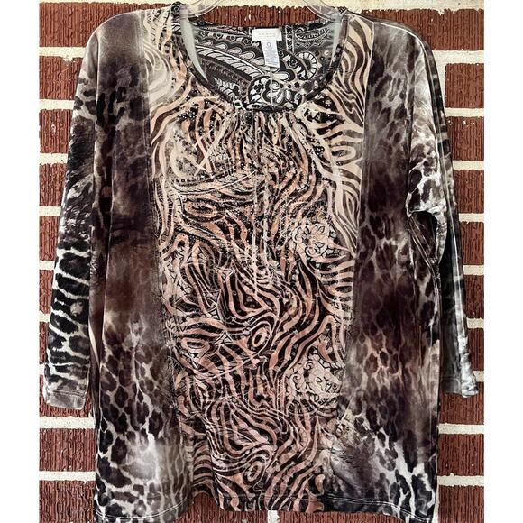 Chico’s Velour Feeling Embellished Multi-Patterned Blouse 3/4 Sleeves Size 0 (S) - Picture 1 of 4